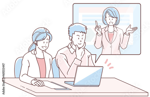 オンラインで商談する若い夫婦とスーツの女性のイラスト