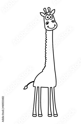 Smiling giraffe in black and white to be colored on white background