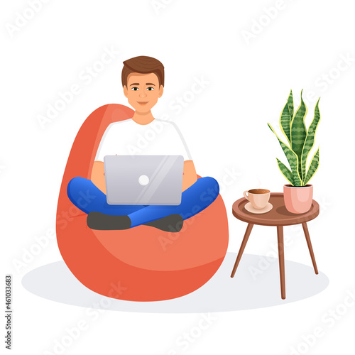 Man sits on a bean bag chair and works at a computer. Remote work, office at home, programming, freelance. Study at home in quarantine. Vector illustration.