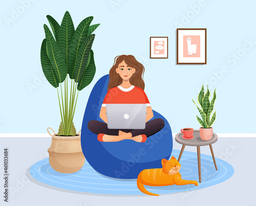 Woman is sitting on a bean bag chair at home at a laptop computer. Remote work, office at home, programming, freelance. Study at home in quarantine. Vector illustration. Cozy interior with a cat.