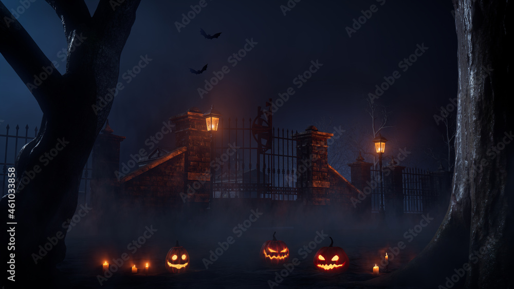 Spooky Halloween Graveyard Gate Illustration with Pumpkin Lanterns and Candles. Spooky Halloween Graveyard Gate Illustration with Pumpkin Lanterns and Candles.