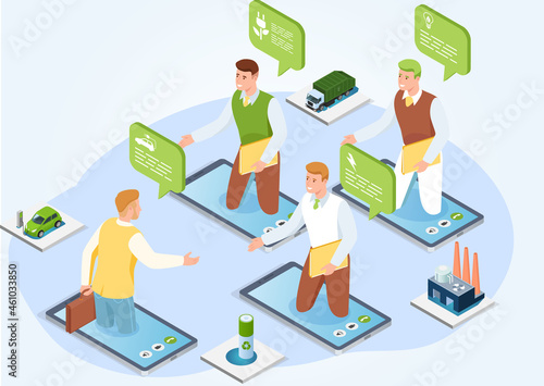 Collective virtual meeting or group video conference with colleagues. Chatting by online videochat, videoconferencing and remote work with green technology. Employees at online business meeting