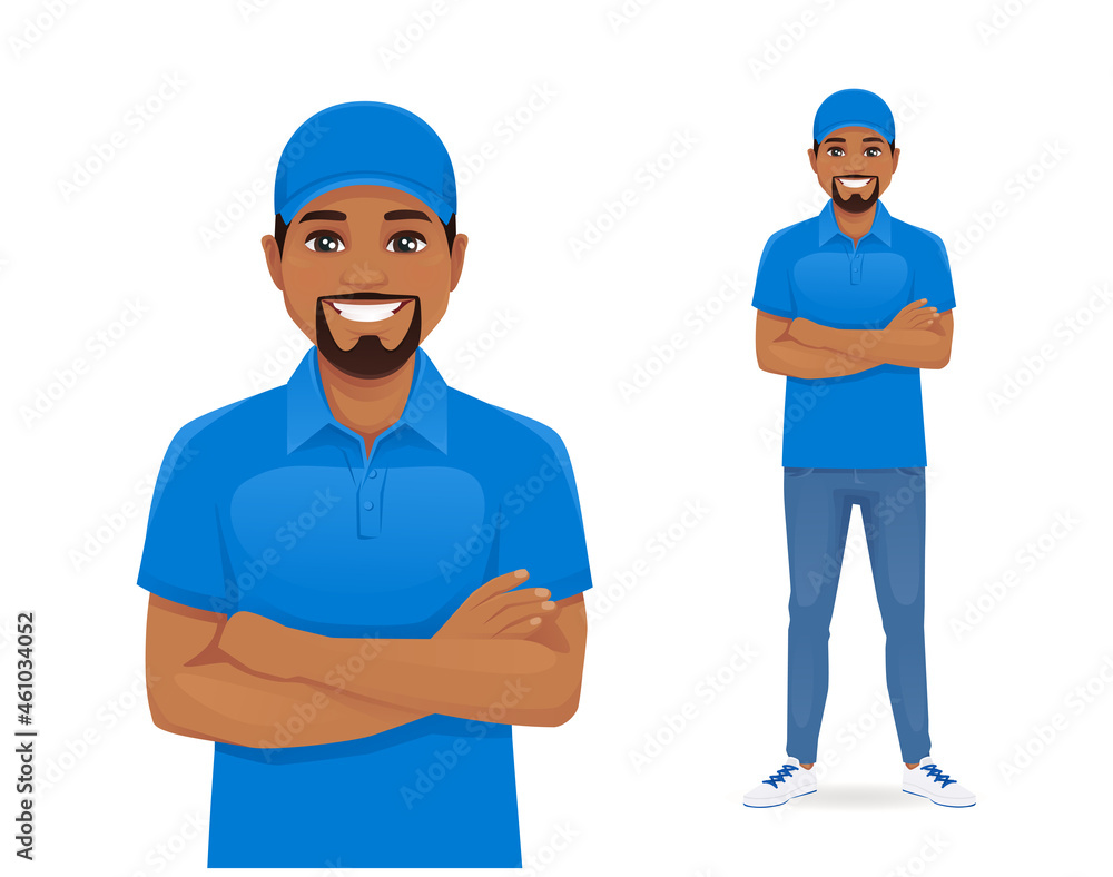 Handsome delivery african man in red uniform standing with arms crossed isolated vector illustration Handsome delivery african man in red uniform standing with arms crossed isolated vector illustration
