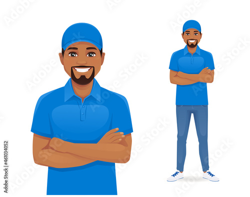 Handsome delivery african man in red uniform standing with arms crossed isolated vector illustration