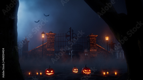 Creepy Halloween Graveyard Gate Scene with Jack O' Lanterns and Candles.
