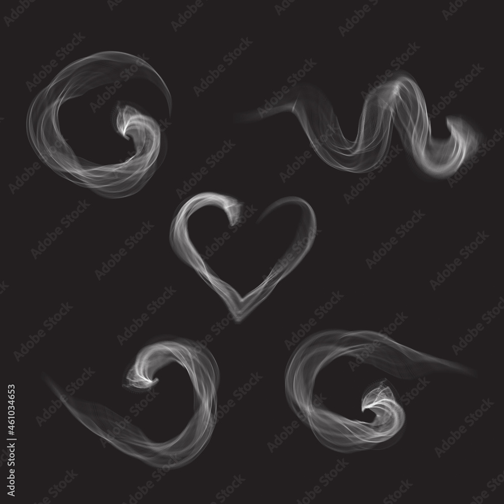 Fototapeta premium Steam smoke set isolated on black background. Collection for poster, placard, backdrop, wallpaper and card template. Realistic effect. Creative art concept, vector illustration