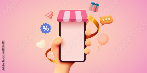 Hand holding mobile smart phone with shopp app. Online shopping concept.