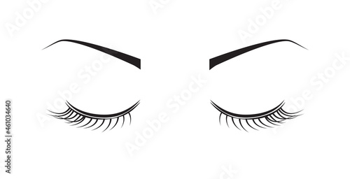 Woman's sexy eyelashes and eyebrows. Closed eyes with black eyelashes isolated on white background. Concept for t shirt, label and beauty salon. Creative art design, vector illustration