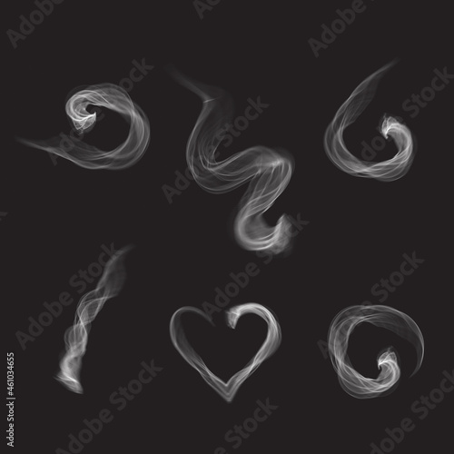 Steam smoke set isolated on black background. Collection for poster  placard  backdrop  wallpaper and card template. Realistic effect. Creative art concept  vector illustration