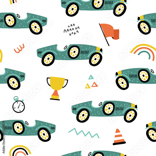 Seamless pattern with retro racing cars in hand drawn style. Great for textiles, stickers, cards, poster, wallpaper, wrapping paper. Isolated on white background vector illustration