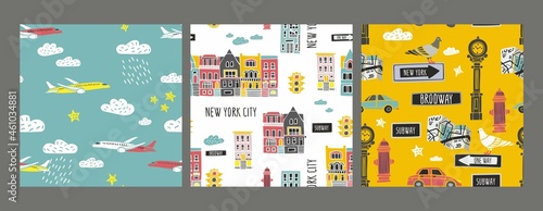 Set of patterns with houses, street elements, symbols of urban life in cartoon style. Collection of kid's backgrounds with airplanes, clouds, cars for fabric, wallpapper. Vector illustration.