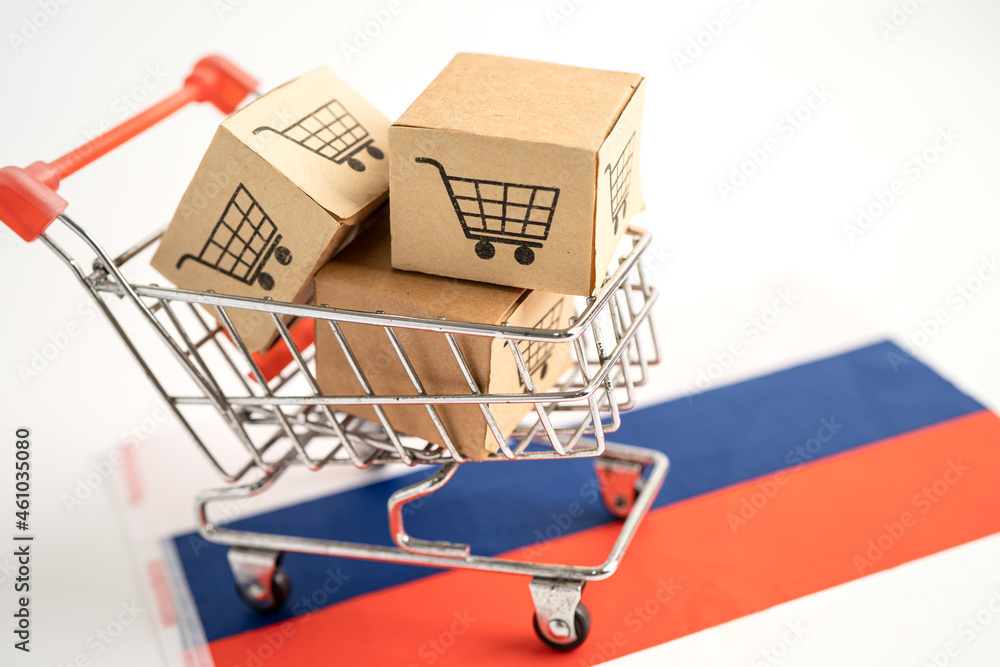 Box with shopping cart logo and Russia flag, Import Export Shopping online or eCommerce finance delivery service store product shipping, trade, supplier concept.