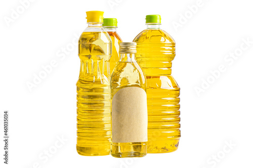 Vegetable oil with olive oil in different bottle for cooking isolated on white background with clipping path.