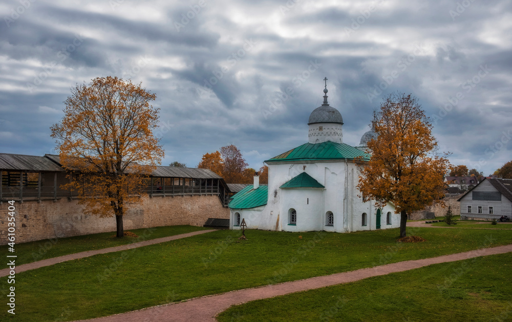 inside Ancient fortress and church in the small town of Izborsk, Pskov region of Russia in autumn