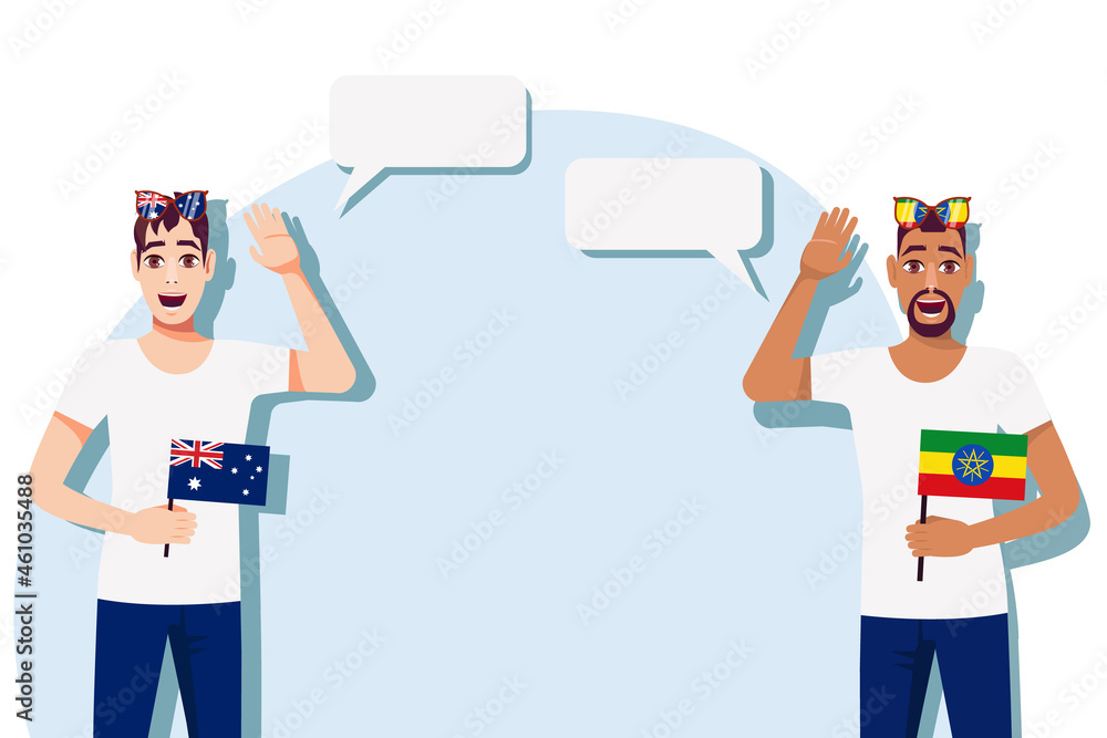 The concept of international communication, sports, education, business between Australia and Ethiopia. Men with Australian and Ethiopian flags. Vector illustration. The concept of international communication, sports, education, business between Australia and Ethiopia. Men with Australian and Ethiopian flags. Vector illustration.