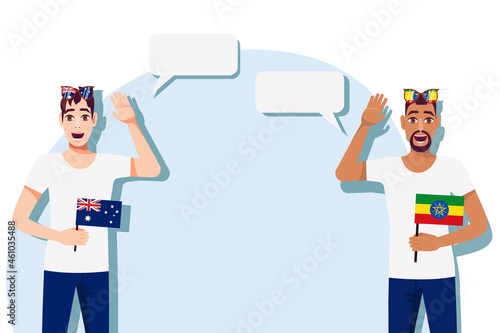 The concept of international communication, sports, education, business between Australia and Ethiopia. Men with Australian and Ethiopian flags. Vector illustration.