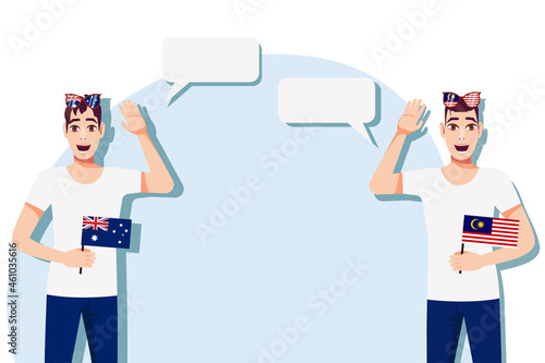 The concept of international communication, sports, education, business between Australia and Malaysia. Men with Australian and Malaysian flags. Vector illustration.