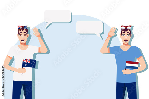 Men with Australian and Dutch flags. Background for text. Communication between native speakers of Australia and the Netherlands. Vector illustration.
