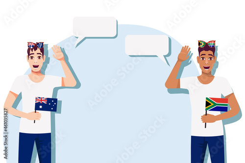 Men with Australian and South African flags. The concept of international communication, education, sports, travel, business. Dialogue between Australia and South Africa. Vector illustration.