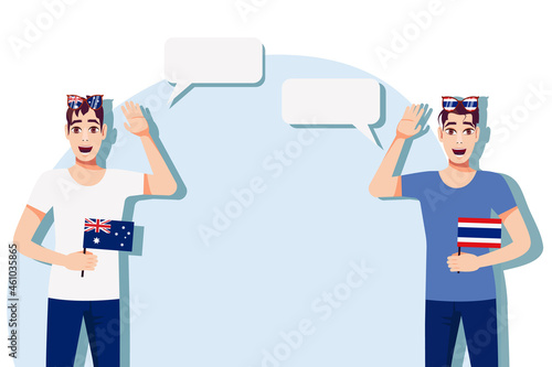 Men with Australian and Thai flags. Background for text. Communication between native speakers of Australia and Thailand. Vector illustration.