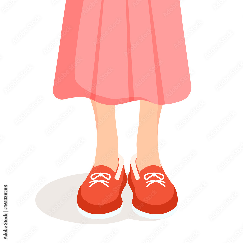 Female legs in sneakers on an isolated background. Vector illustration of bright shoes on the legs and a skirt. Flat design. Female legs in sneakers on an isolated background. Vector illustration of bright shoes on the legs and a skirt. Flat design.
