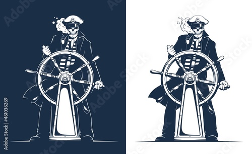 Skeleton sailor - Pirate Captain. Skull Seaman captain at the helm. Vector illustration.