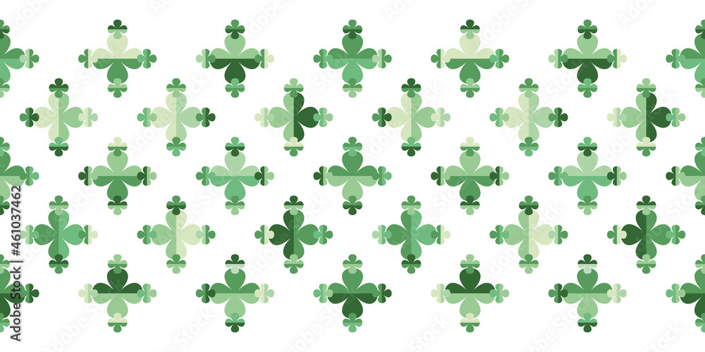 Seamless vector pattern Border with four leaf clover symbols in shades of green on white background. Geometric flower design for wallpaper, interior, fashion fabrics, prints and stationery. Seamless vector pattern Border with four leaf clover symbols in shades of green on white background. Geometric flower design for wallpaper, interior, fashion fabrics, prints and stationery.