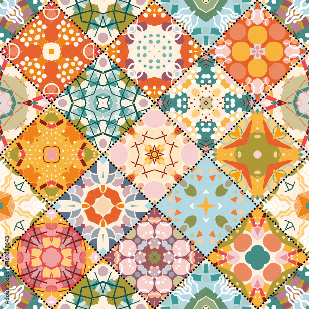 Colorful seamless patchwork pattern with bright abstract ornaments.