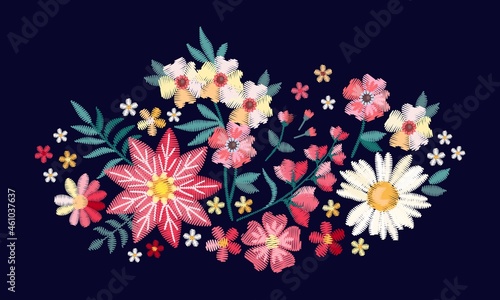 Embroidered pattern for fabric. A bouquet of flowers on a dark blue background. Horizontal oval composition. Vector print.