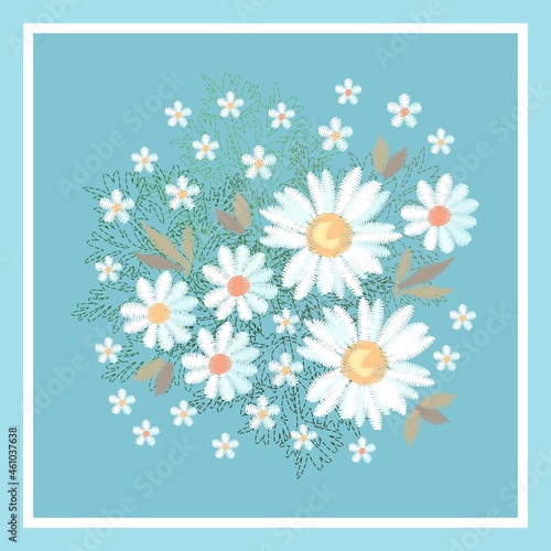 Delightful pocket, handkerchief or bandana with embroidered daisies and translucent leaves on a sky blue background.Vector illustration. Sample of fabric.