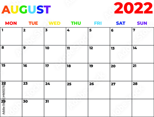2022 Minimalist Rainbow Calendar, Sunday Start Printable Calendar, Plain calendar, Dated Monthly Planner, Simple Monthly Organizer, Landscape Monthly Planner 2022