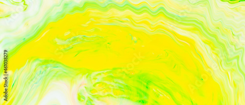 Abstract yellow-green liquid background. Green paint pattern with cyclical swirls. Trendy wallpaper. Eco concept
