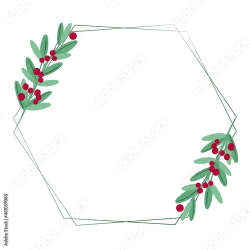 Fototapeta Naklejka Na Ścianę i Meble -  Beautiful Christmas polygonal frame with red berries and leaves, vector illustration. Composite botanical template for New Year or Christmas greetings or invitations. Handmade graphics, natural contou