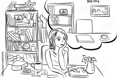 Outline vector girl dreaming about cleanliness and minimalism with mess around her