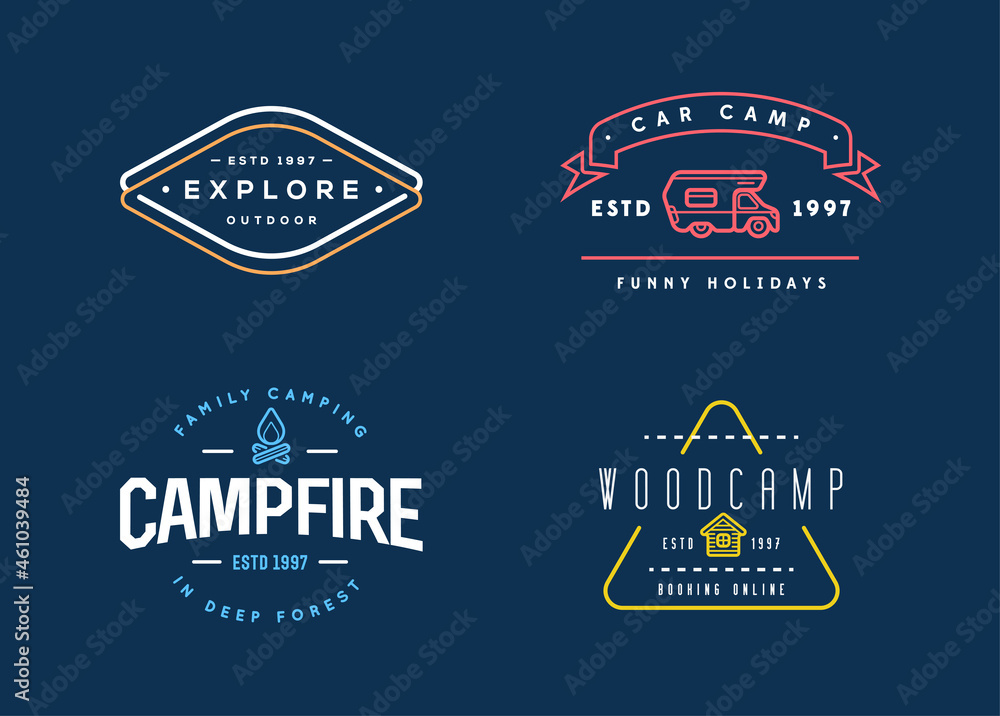 Wilderness Camping logo templates. Sign Design with Elements and Fictitious Sample Text.