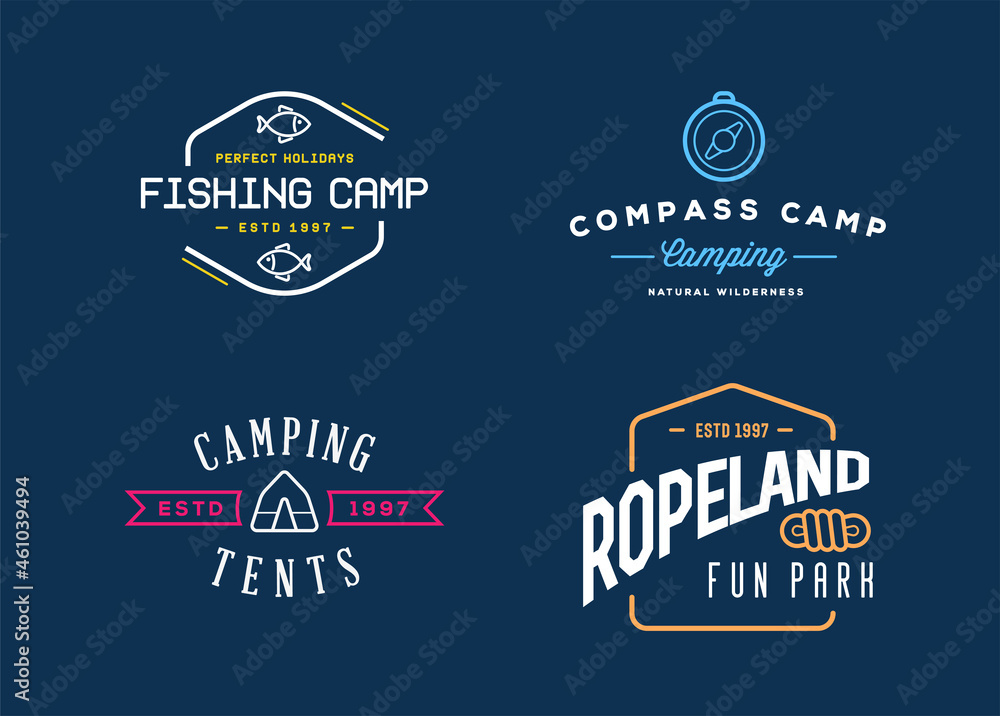 Obraz premium Wilderness Camping logo templates. Sign Design with Elements and Fictitious Sample Text.