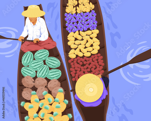 Senior woman selling food on boat at traditional asian floating market