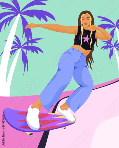 Young hipster girl on a skateboard outdoors
