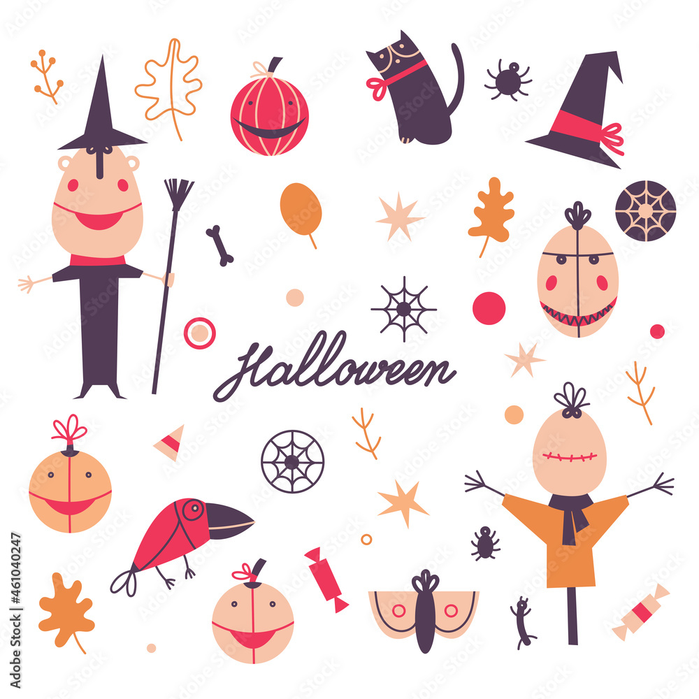Vector Halloween element set. A witch, a garden scarecrow, pumpkins, spiders, spider webs, masks, a crow, a cat, autumn leaves and small elements. Suitable for Halloween cards, paper and others