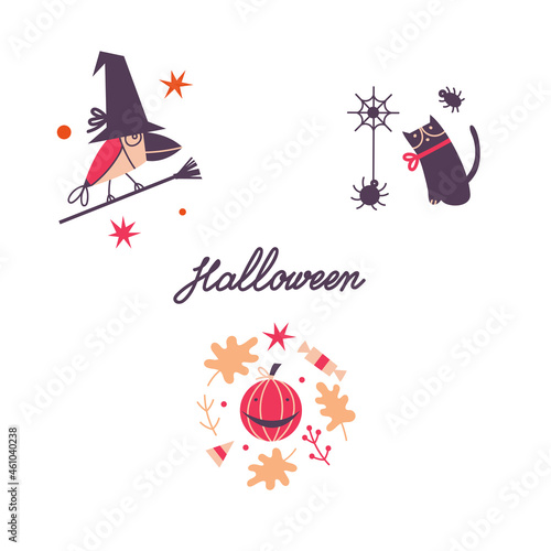 Vector Halloween arrangements. A crow on a broom, a dark cat with a spider and a pumpkin-lantern with autumn leaves. Suitable for Halloween cards, paper and others