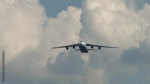 An-124 Ruslan NATO Condor, 4th-generation Soviet heavy long-range transport aircraft performs horizontal flight at celebration 100th anniversary Air Force. Close-up/ Zhukovsky, Russia, August 10, 2012