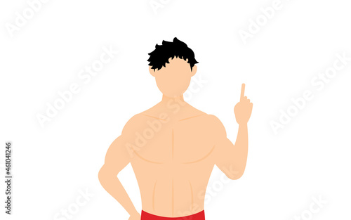 腰に手を当てて指をさすボディビルダーの男性