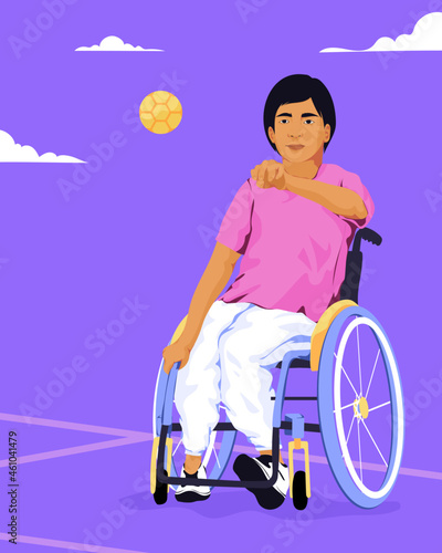 Asian person with disability in wheelchair playing petanque boules