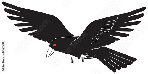 Vector outline cartoon graphic illustration of black flying raven with big wings. Line art of black crow for tatoo, engraving, print or logo. Demon bird with red eye.