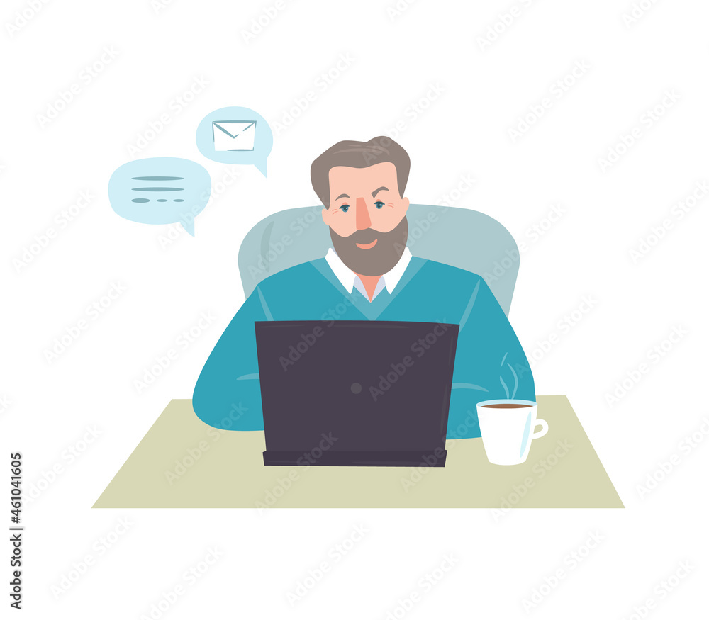 Grandpa is at his laptop. Vector illustration on a white background. Grandpa is at his laptop. Vector illustration on a white background.