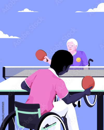 Two people with wheelchair disability playing para table tennis game