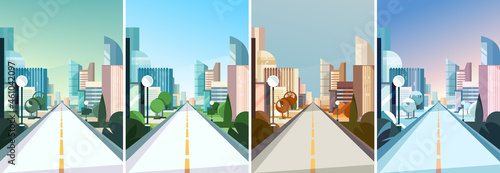 City road at different times of the year. Cityscapes in vertical orientation.