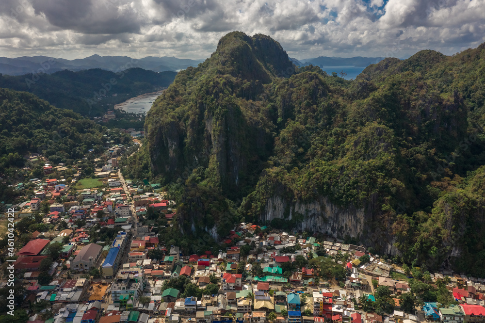 Aerial view on Taraw cliff over El Nido town in Palawan island, Philippines.