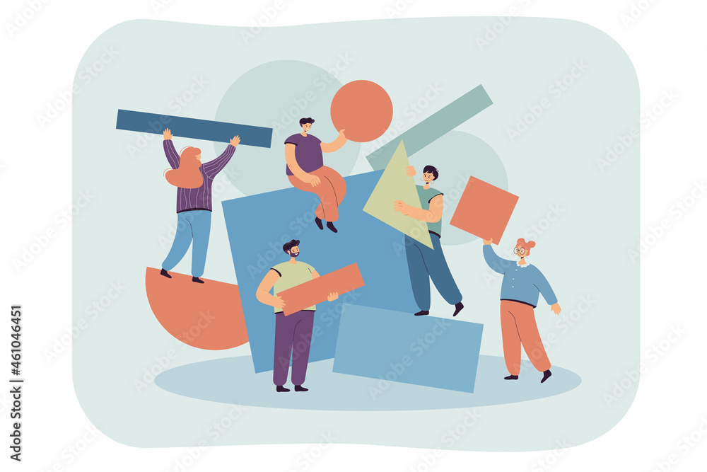 Team of people carrying and arranging geometric figures together. Cartoon characters with abstract puzzle flat vector illustration. Organization, collaboration concept for banner, website design or