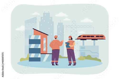 Cartoon engineers working on railway construction. Building railroad, industrial management flat vector illustration. Civil infrastructure or engineering, industry concept for banner, website design